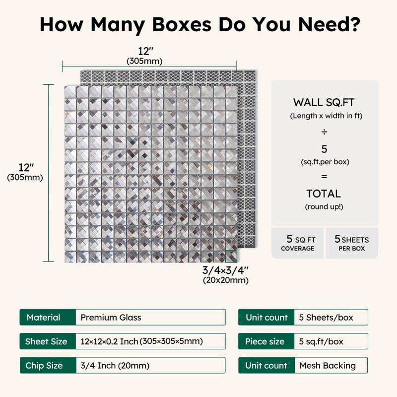 Diflart Mirror Backsplash, 3/4 Inch Silver Square, Crystal Diamond Mirror Glass Mosaic Tile for Kitchen Bathroom Wall, Pack of 5 Sheets - Image 3